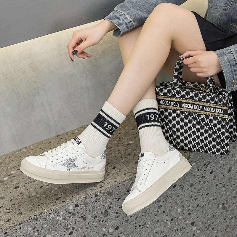 Women's Star Pattern Sports Increased Lace Up Breathable White Sneakers