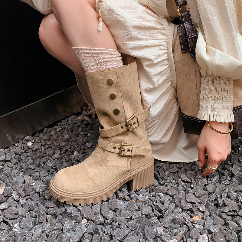 Women's Two-way Wide Short Suede Middle Buckle Women's Leather Boots