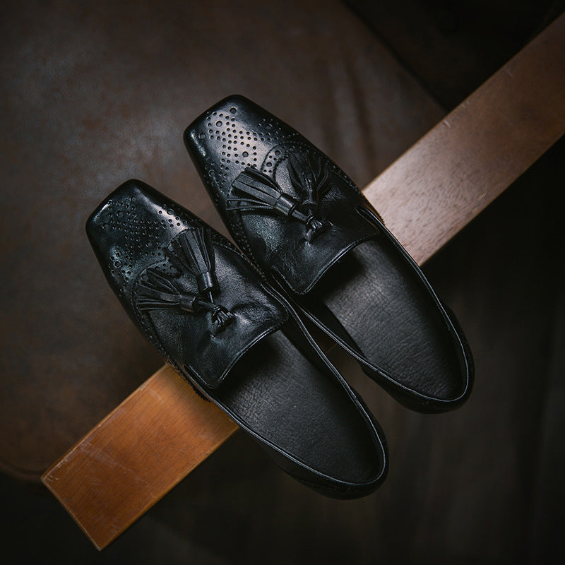 Women's Square Head Light Luxury First Layer Cowhide Tassel Slip-on Pumps Women's Casual Shoes
