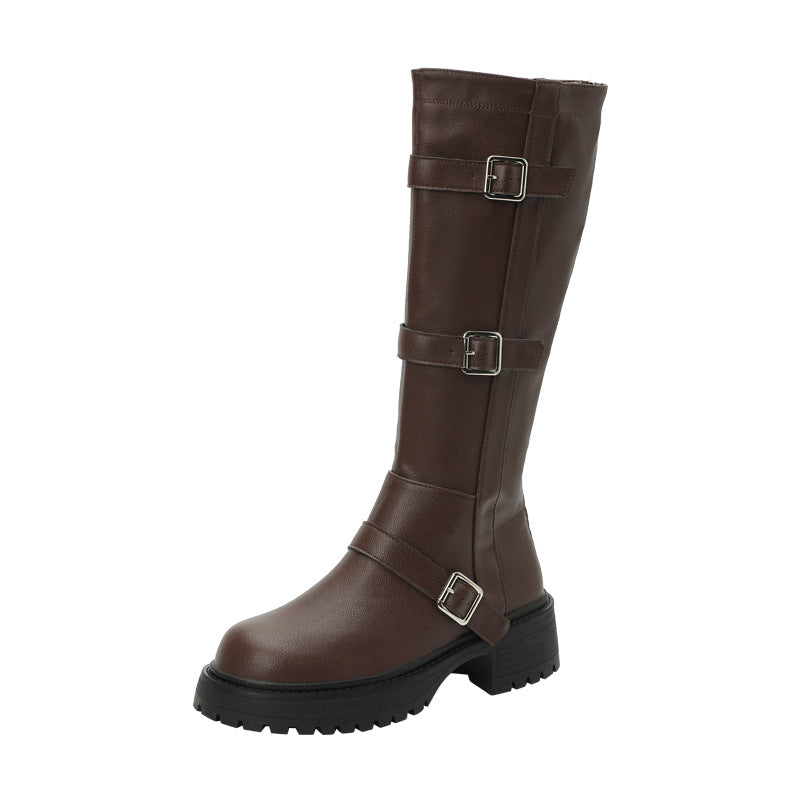 Children's Square Buckle Chunky British Style Middle Vintage Women's Leather Boots