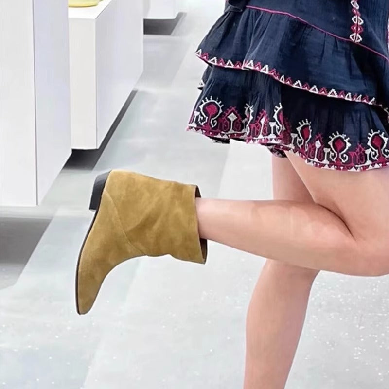 Women's Genuine Retro Oblique Wide Short Flat Pointed Western Cowboy Ankle Women's Leather Boots