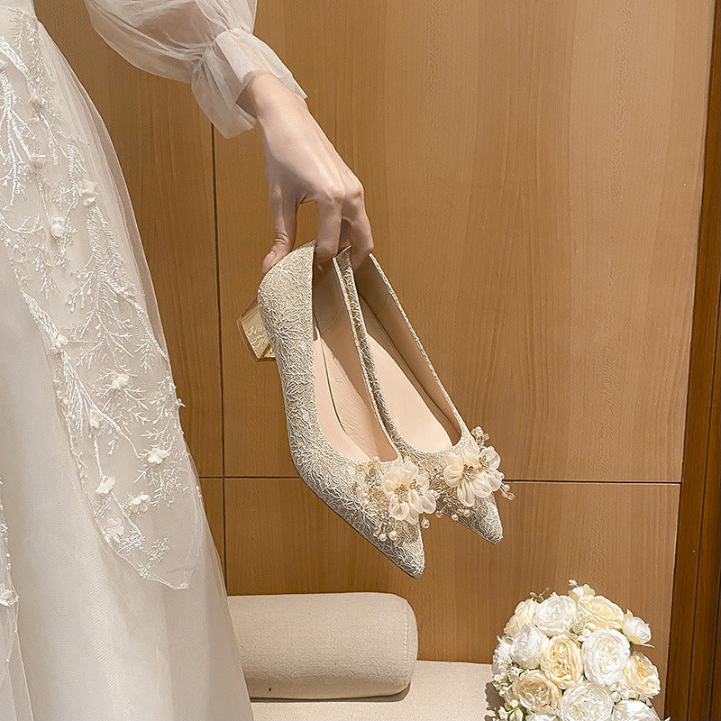 Women's French Style Wedding Dress Chunky Not Tired Feet High-grade Daily Heels