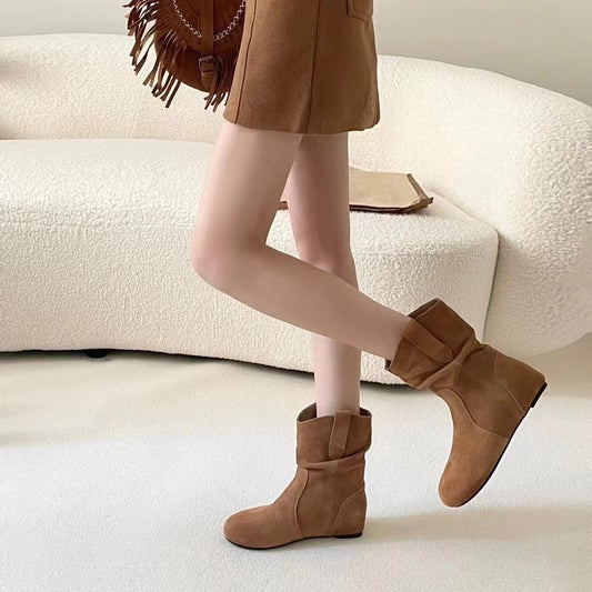 Women's Retro Height Increasing Insole Pile Style Slimming Western Short Boots