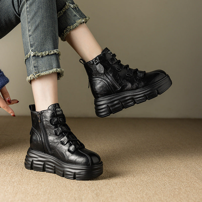 Women's Fleece-lined Small Platform Ankle Retro Easy Women's Leather Boots
