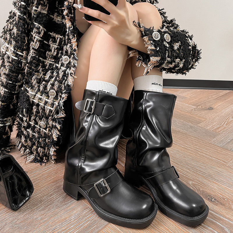 Women's Toe Wide Tube Chunky Middle Retro Belt Buckle Knee-high Pleated Boots