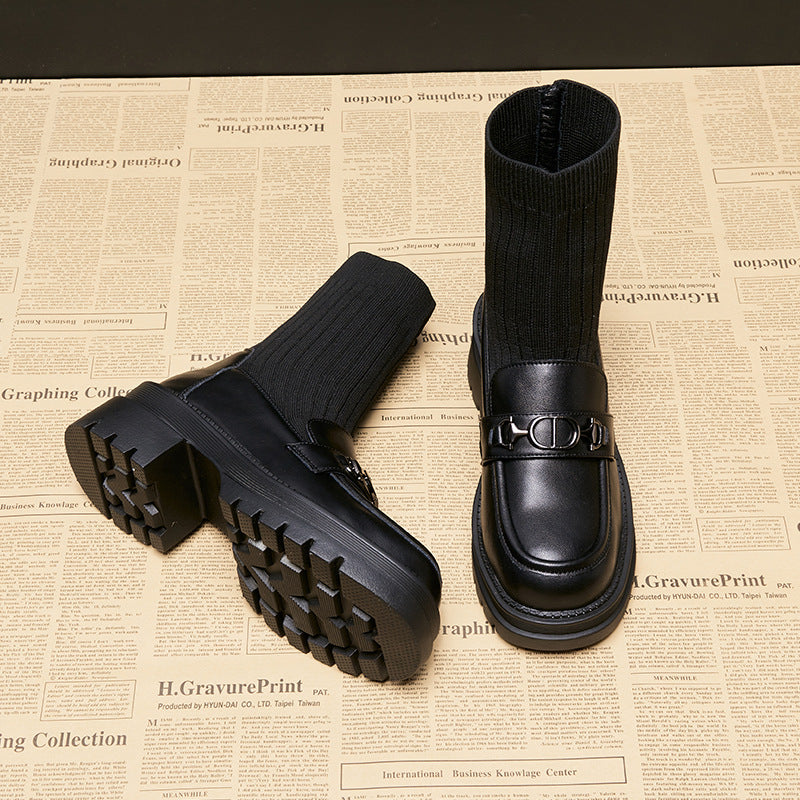 Increasing Insole Martin Female Autumn Chunky Socks Women's Leather Boots