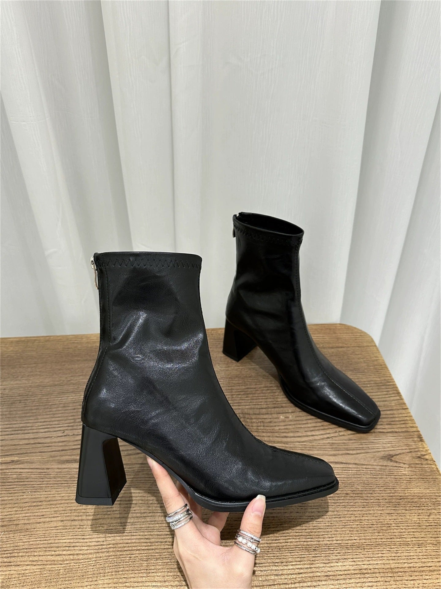 Women's Martin Square Toe High Short French Soft Temperament Heels
