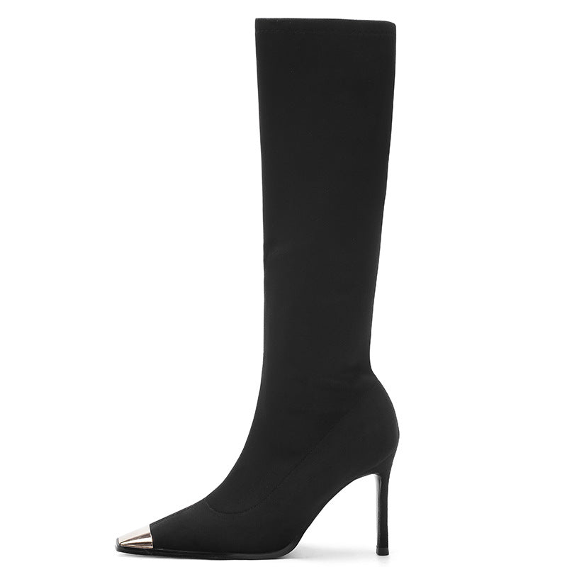 Metal Square Toe Stiletto High Leg Sexy Stretch Thin Women's Leather Boots