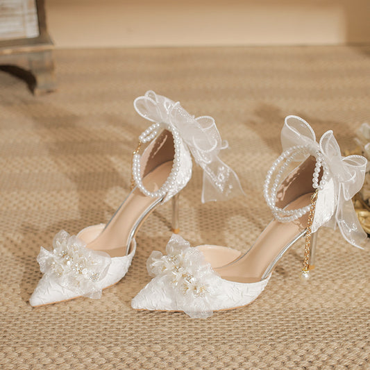 Women's White High Stiletto Wedding Dress Two-way Bow Closed Toe Women's Fashion Shoes