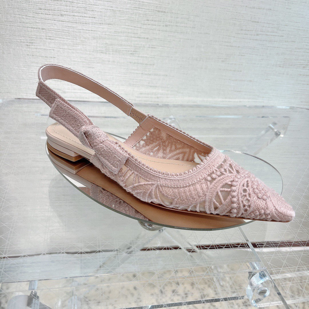 Women's Letter Lace Wedding Mesh Flat Kitten Pointed Sandals
