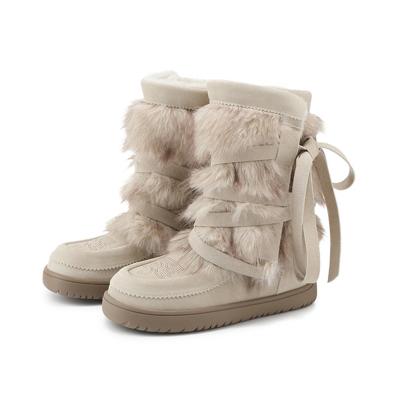 Women's Platinum Round Toe Niche Strap Genuine Warm Boots