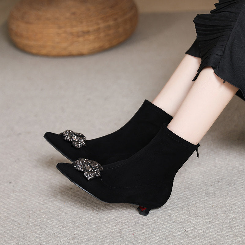 Women's Flower Short Pointed Plus Size Stretch Back Zipper Autumn Small Boots