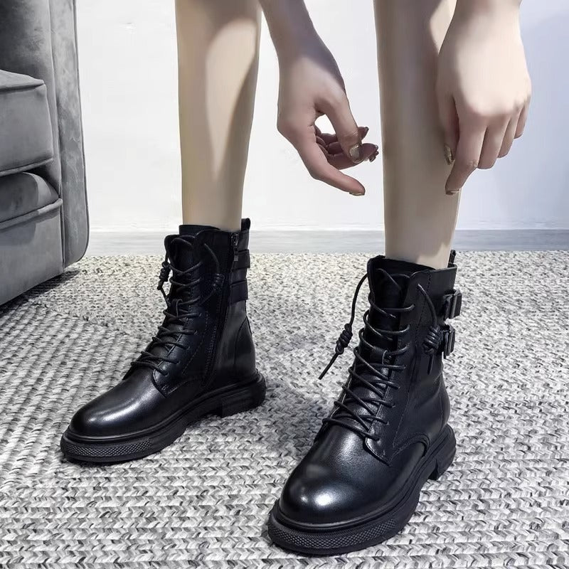 Women's Genuine Flat Martens Autumn Soft Bottom Black Short Double Women's Leather Boots
