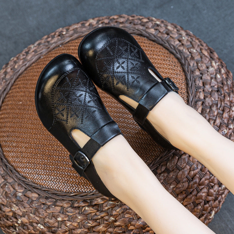 Women's Autumn Genuine Thin Thick Soft Bottom Top Layer Cowhide Embroidery Women's Fashion Shoes