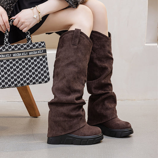 Women's High Female Below The Knee Long Round Toe Pile Style Women's Shoes