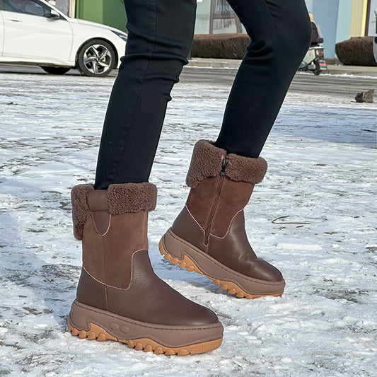 Women's First Layer Cowhide Winter Platform Plus Women's Snow Boots