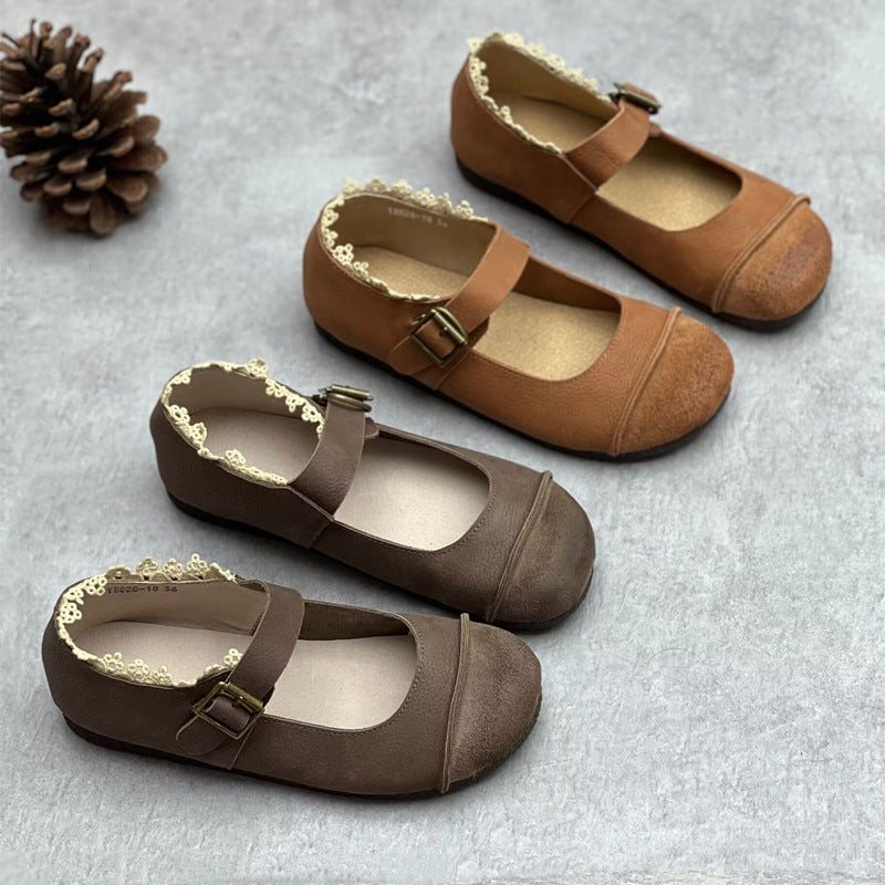 Women's Artistic Genuine Nude Vintage Round Toe Lace Buckle Flat Bottom Women's Casual Shoes