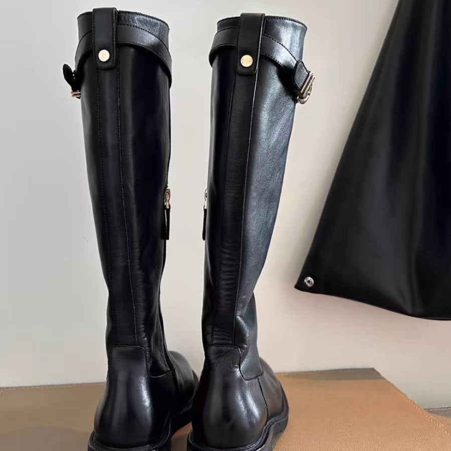 Women's Head Slimming Chunky Belt Buckle Knight Pleated High Heels