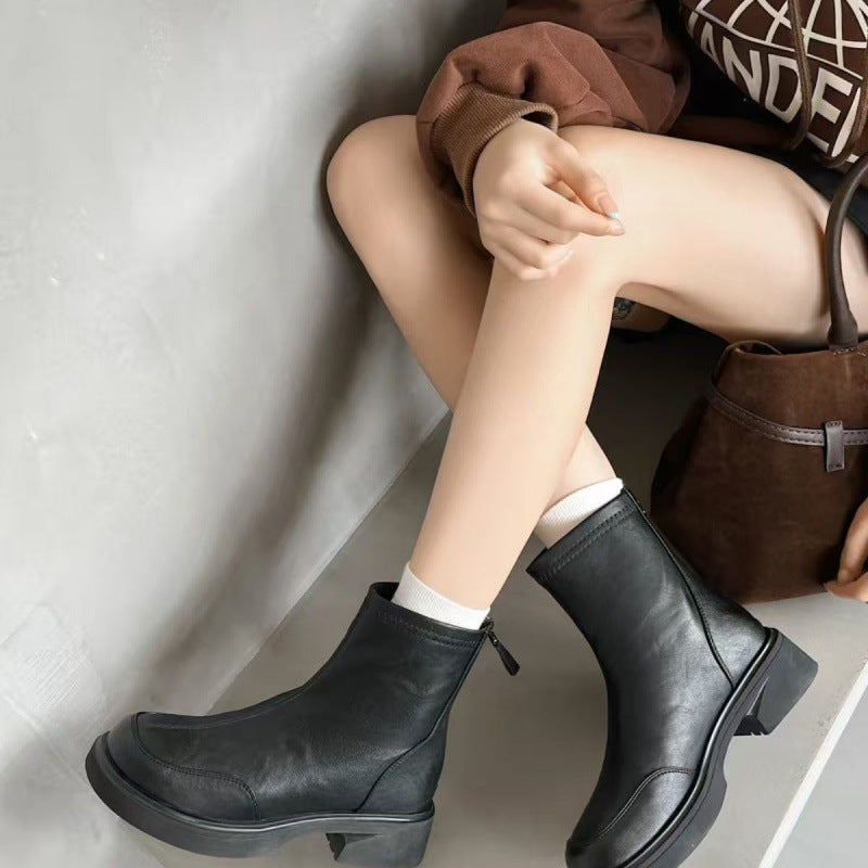 Women's Fashion Short British Style Skinny Thick Round Women's Leather Boots