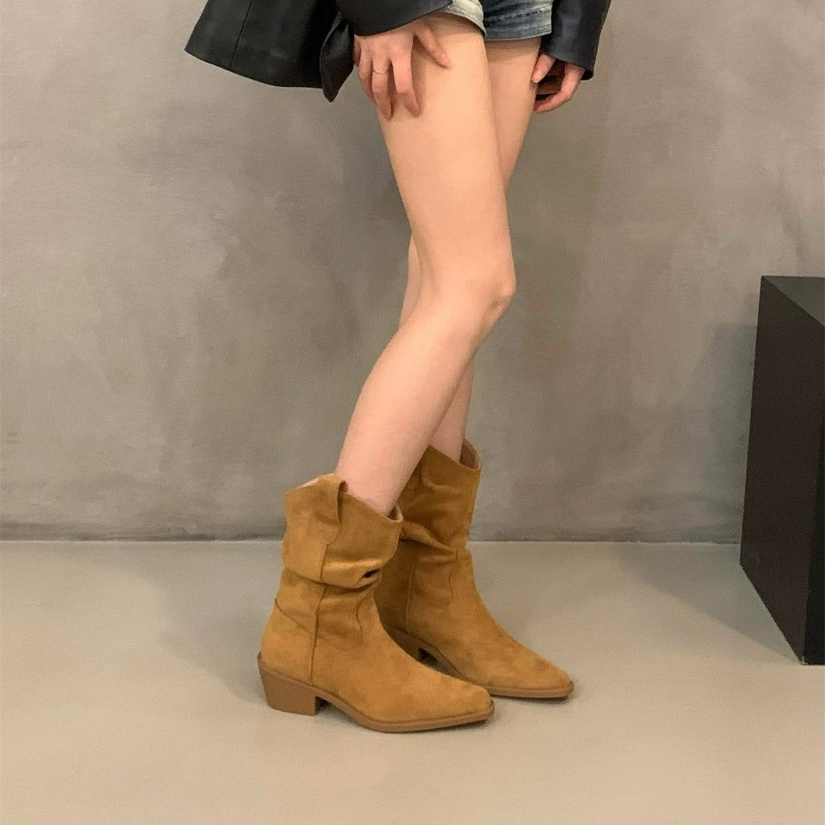 Women's Pointed Toe Chunky Booties Pile Style Western Women's Leather Boots