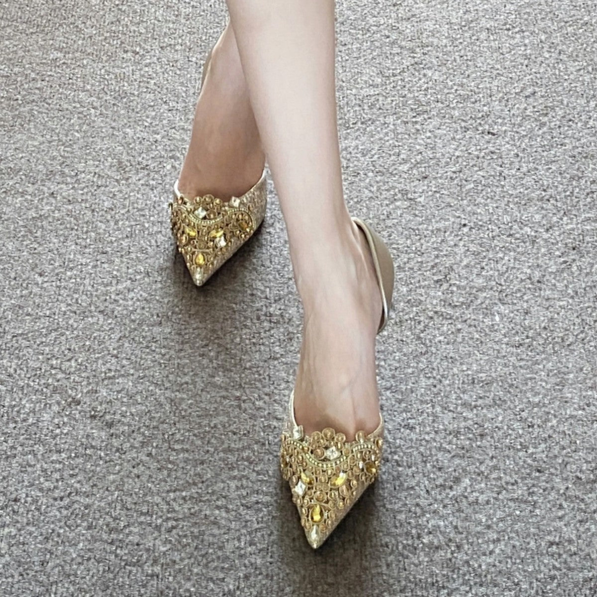 Women's French Hollow Closed Toe Stiletto Rhinestone Banquet Heels