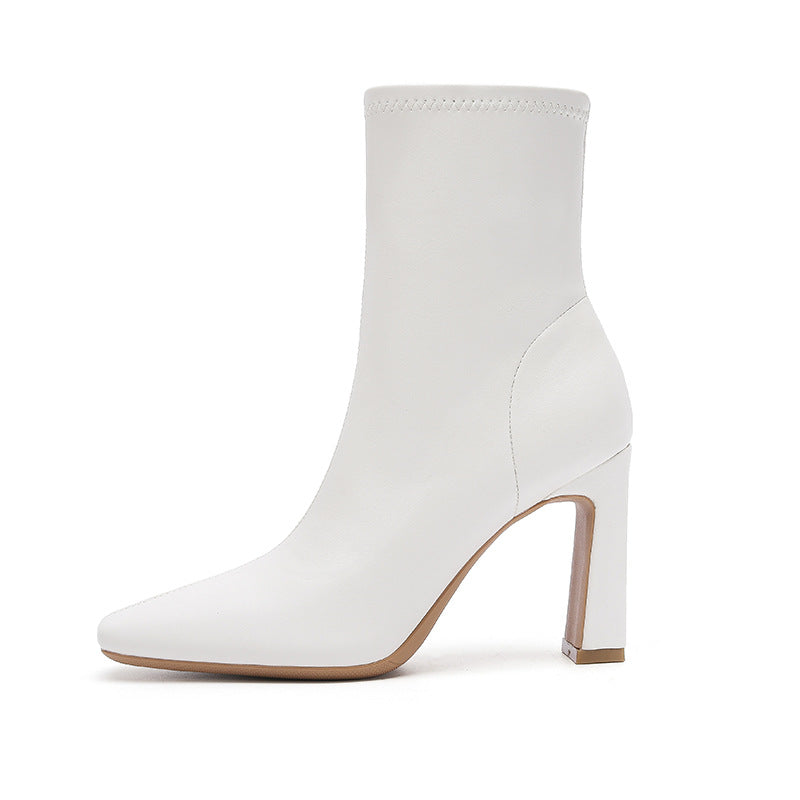Women's High Booties Chunky Square Toe Skinny Boots