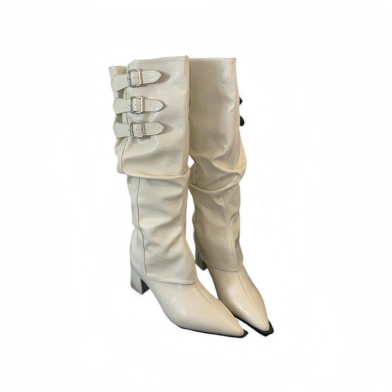 Women's Two-way Retro Hot Style High Long Thick Pleated Women's Leather Boots