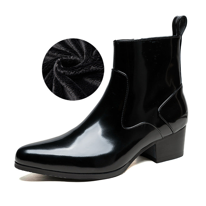 Men's Winter Black Pointed Genuine Elevator Zip Boots