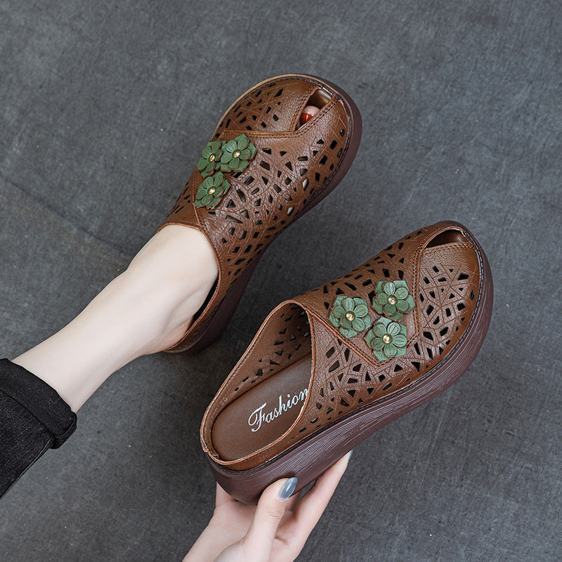 Women's Summer Thick Bottom Peep Toe Hollow Breathable Ethnic Style Flower Women's Shoes