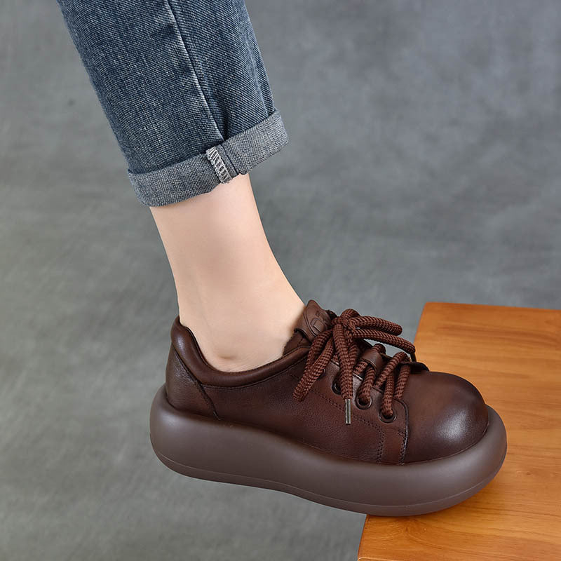 Women's Platform High Pumps First Layer Cowhide Retro Women's Casual Shoes