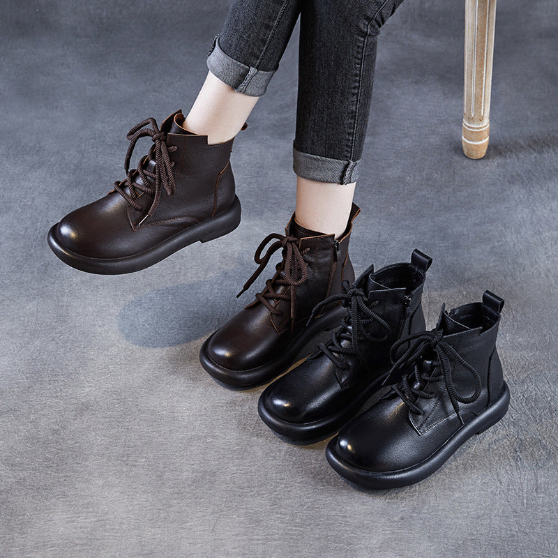 Women's Layer Cowhide Martin Retro British Style Short Women's Leather Boots