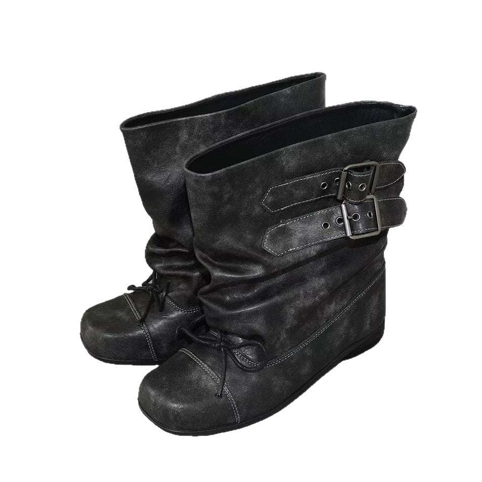 Women's Bow Booties Ballet Style Retro Distressed Short Pleated Boots