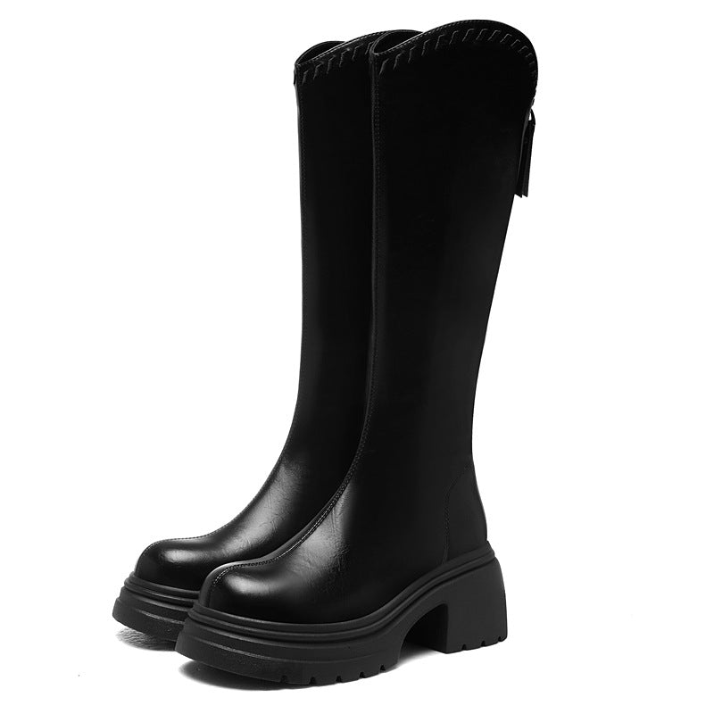Women's Cut Thick Bottom Skinny Chunky Below The Knee Slimming Women's Leather Boots
