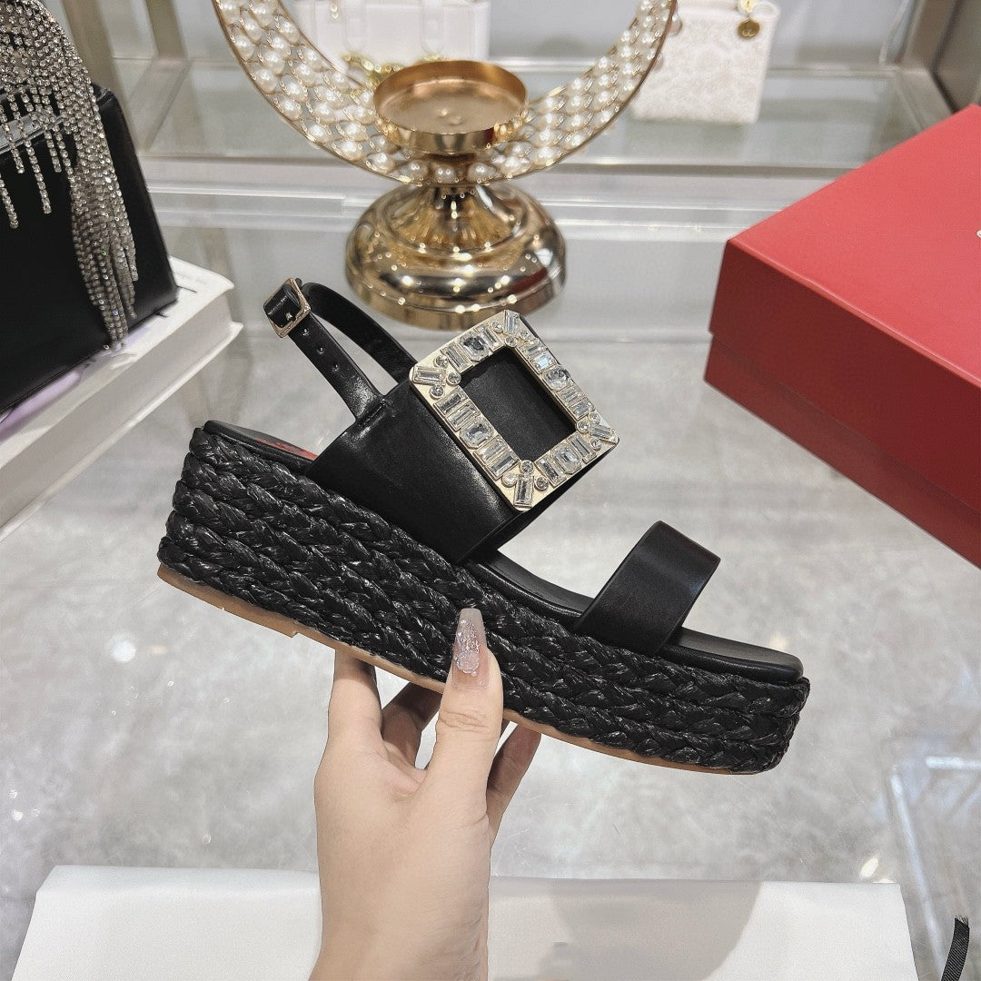 Women's Platform Buckle Square Toe Drill Fashion Sandals