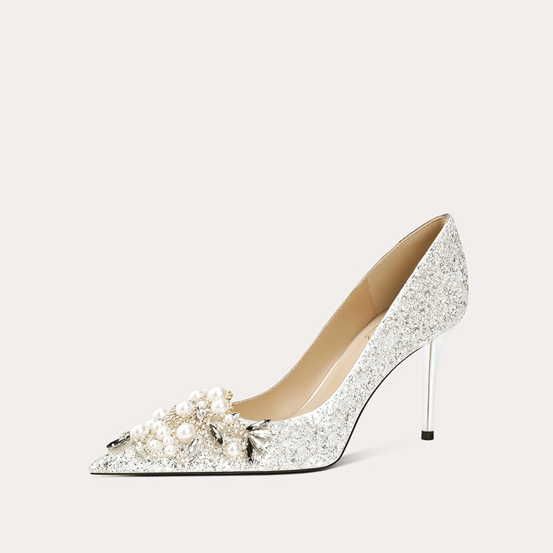 Women's Elegant Spring Sequined Pointed Pearl Sheepskin High Women's Shoes