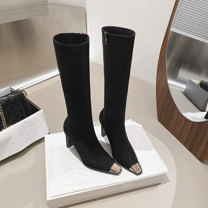 Metal Square Toe Stiletto High Leg Sexy Stretch Thin Women's Leather Boots