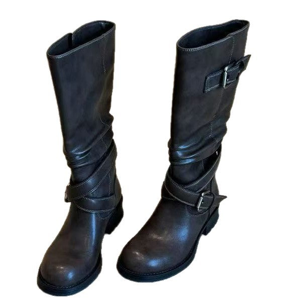 Women's Buckle Chunky Knight Fashionable Round Toe Pile Style Heels