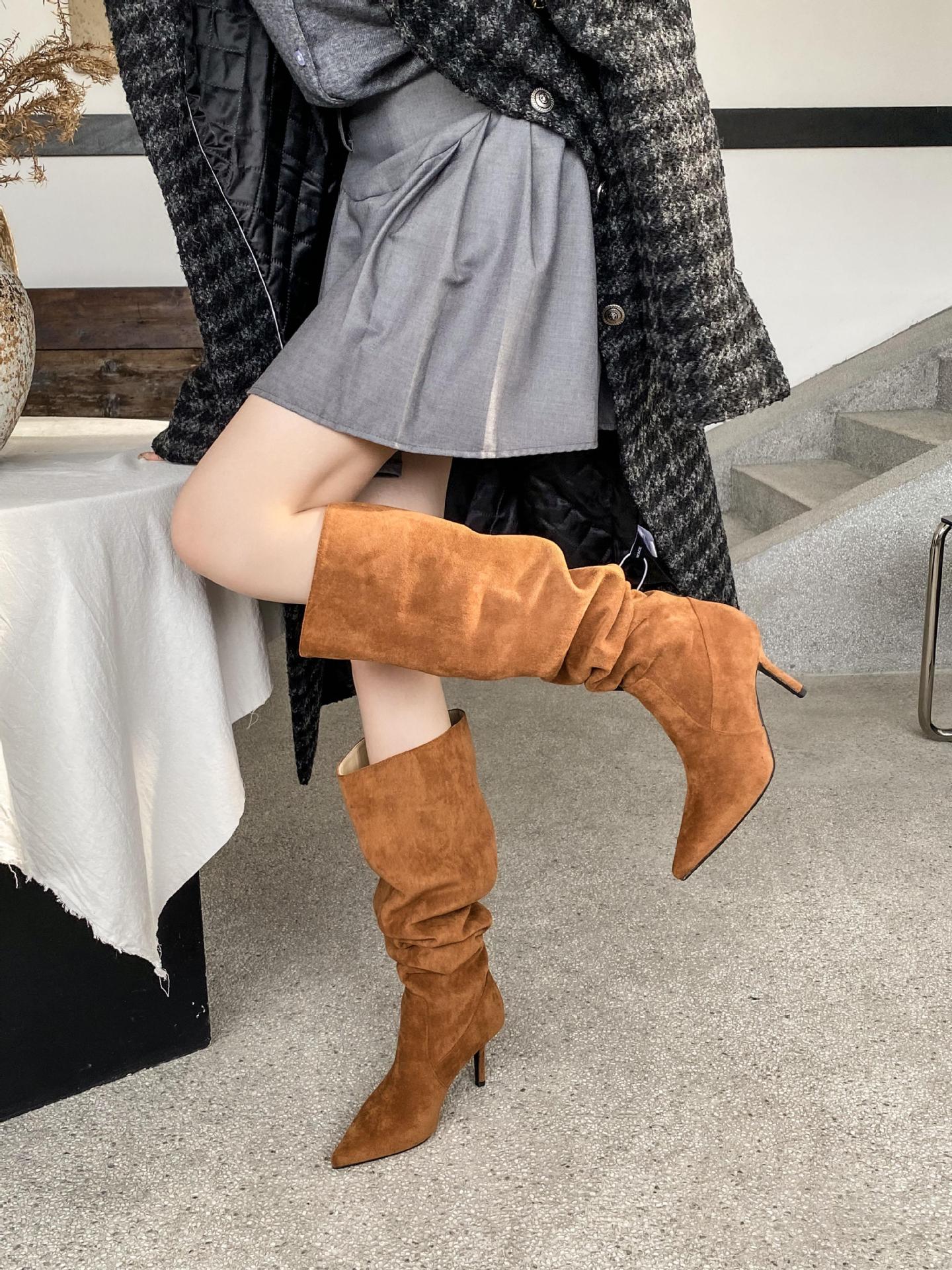 Pleated Autumn Stiletto Pile Style High Below Heels