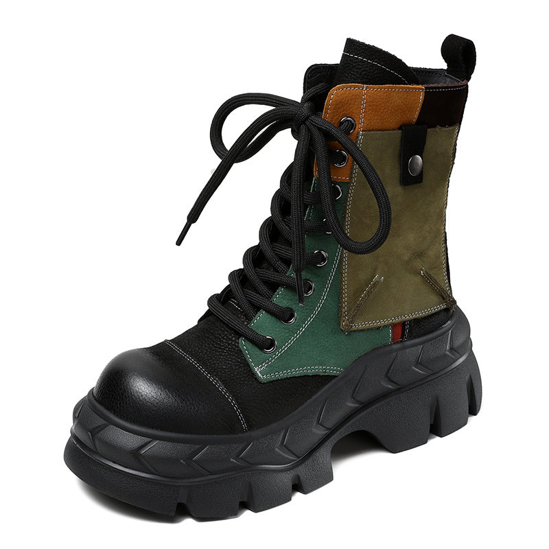 Women's Color Matching Thick Bottom First Layer Cowhide Women's Leather Boots