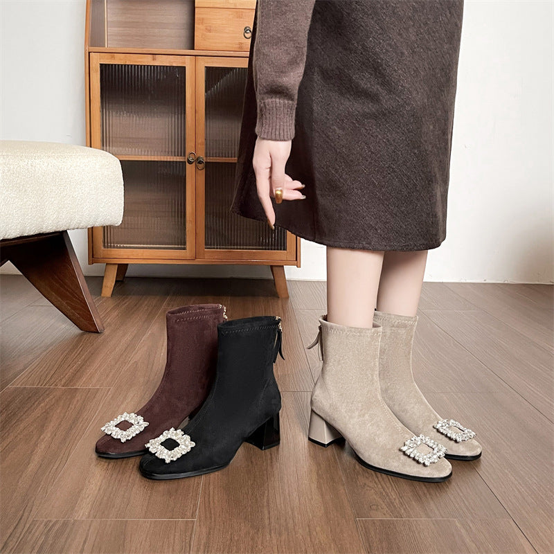 Women's Chunky Short Matte Suede Fashion Square Toe Rhinestone Women's Leather Boots