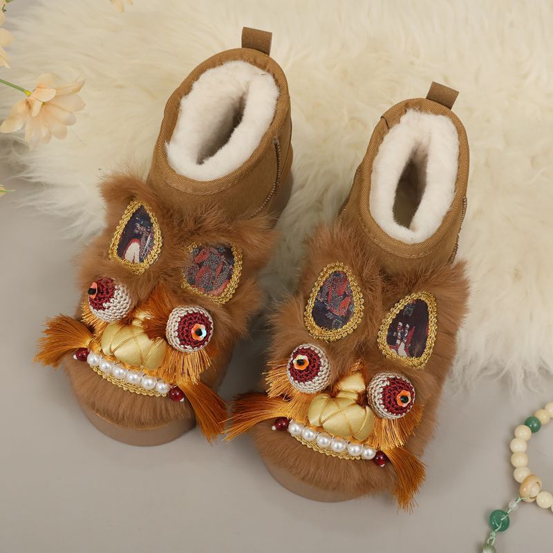 Winter Handmade Tiger Head Rabbit Fur Flat Bottom Comfort Cotton Women's Snow Boots