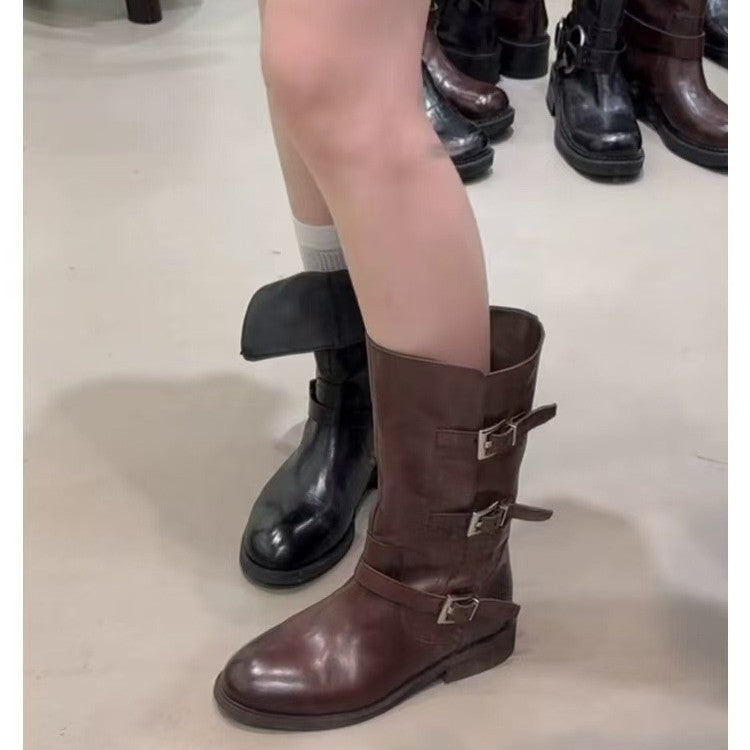 Women's Retro Belt Buckle Two-way Wear Knight Slimming Chunky Middle Round Women's Leather Boots