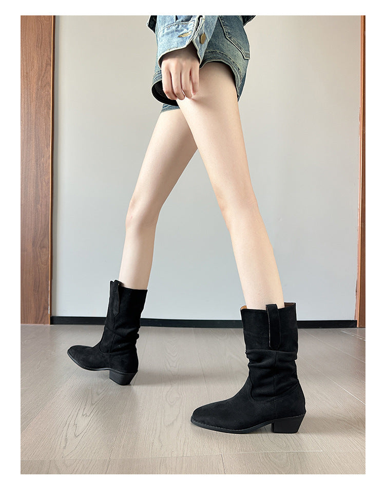 Women's Cowboy Pointed Toe Chunky Pleated Pile Style Short Martin Boots