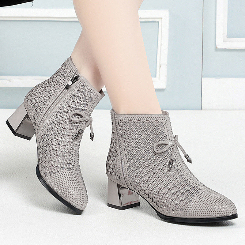 Women's Rhinestone Summer Mid Ankle Chunky Breathable Boots