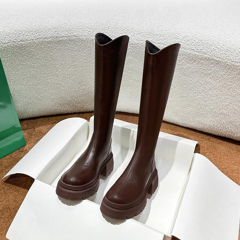 Female Brown Thick Sole Knight Below The Knee Boots