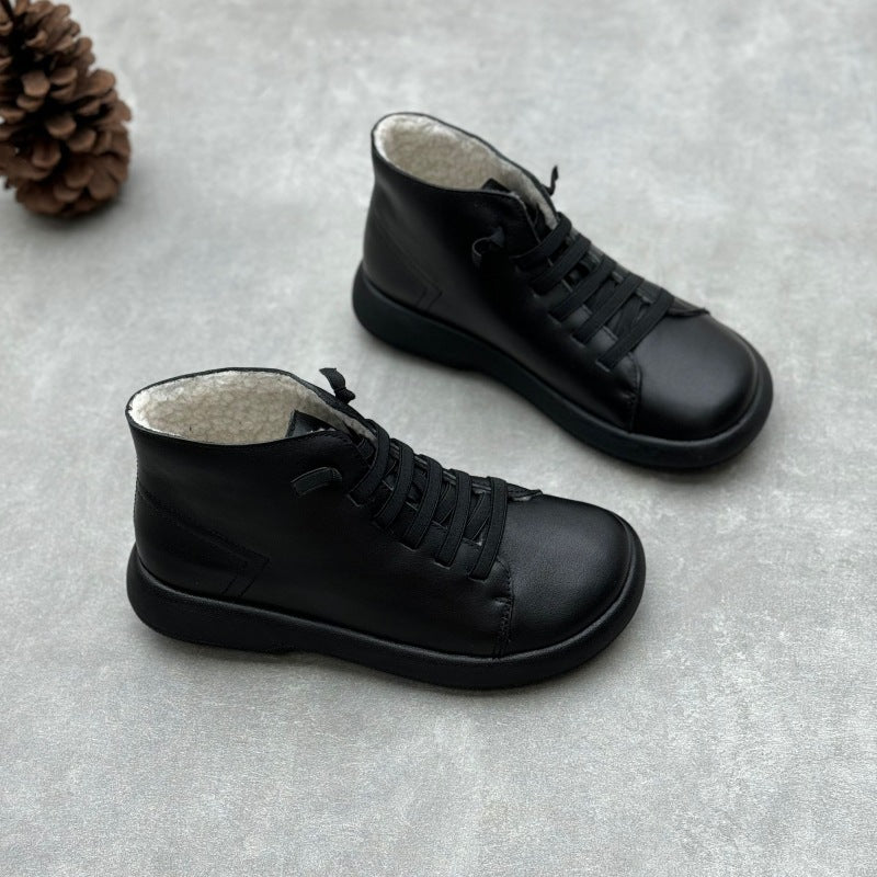 Women's Crafts Round Toe Flat Bottom Elastic Slip-on First Layer Women's Leather Boots
