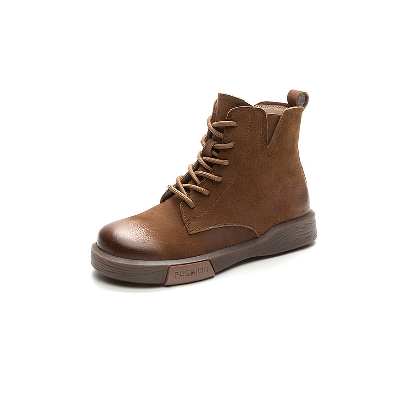 Women's Layer Cowhide Retro Lace Up Ankle Side Zipper Casual Shoes