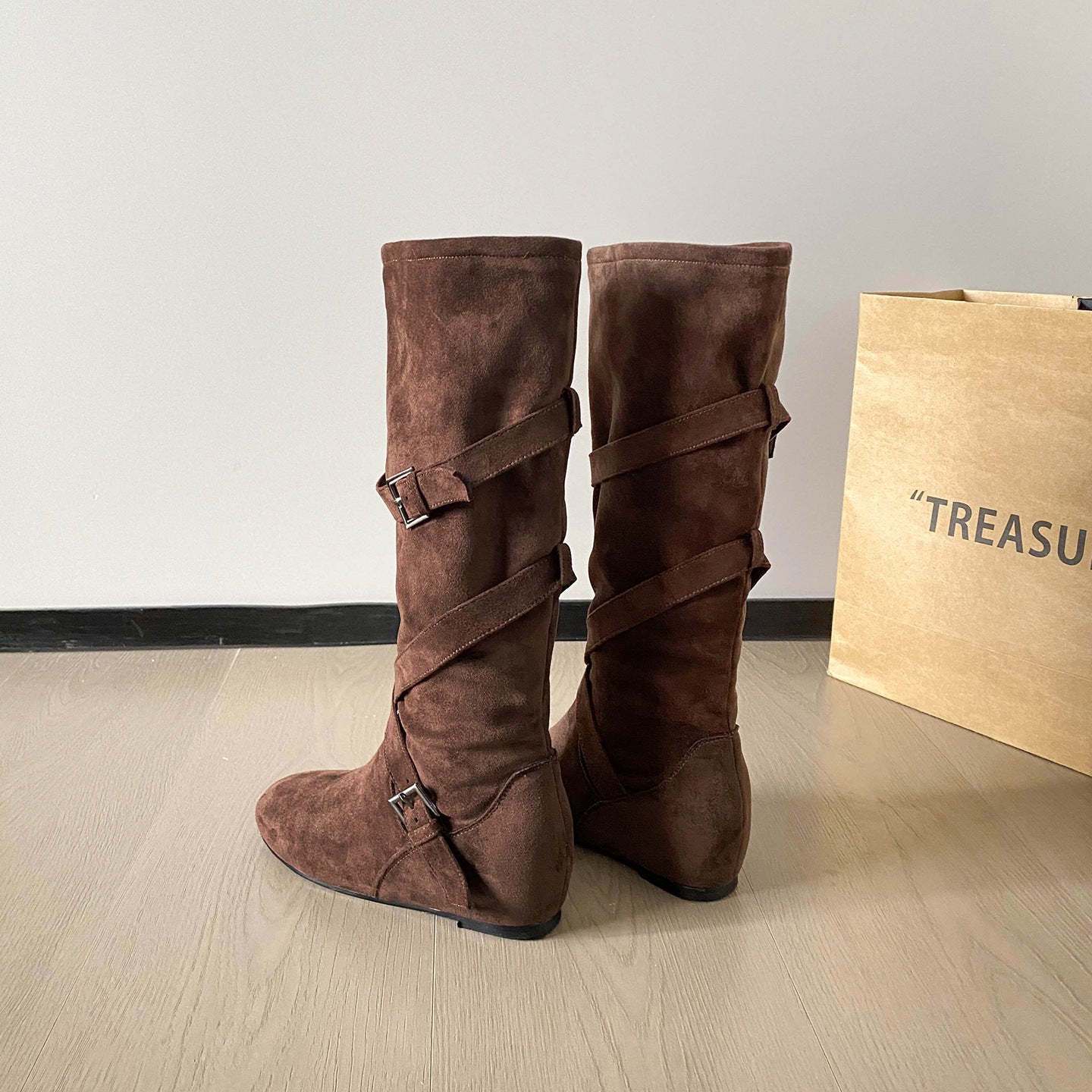 Autumn Norway Pile Style Height Increasing Insole Cross Buckle Strap Boots