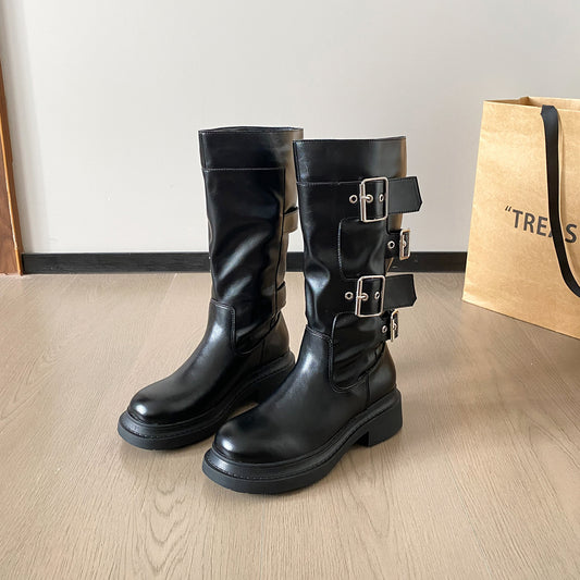 Women's Style Tube Knight Belt Buckle Thick Boots