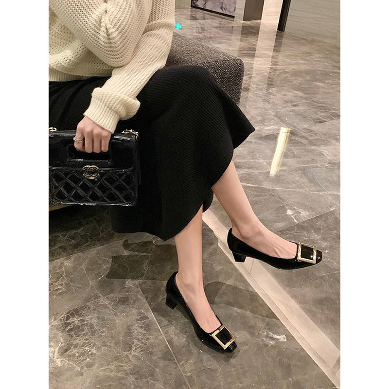 Women's Buckle Chunky Elegant Head Elephant Gray High-grade Patent High Professional Women's Fashion Shoes
